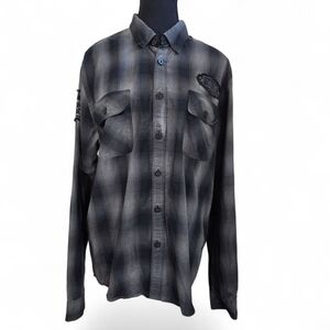 Motogear Men's Charcoal Plaid Button-Down Shirt Size Med